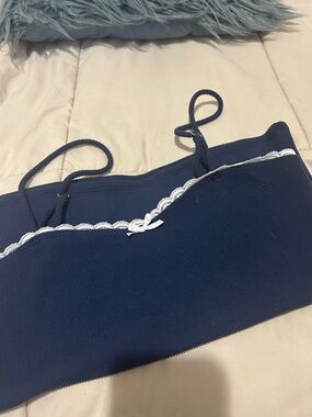 Navy Ribbed Cami with White Lace Trim